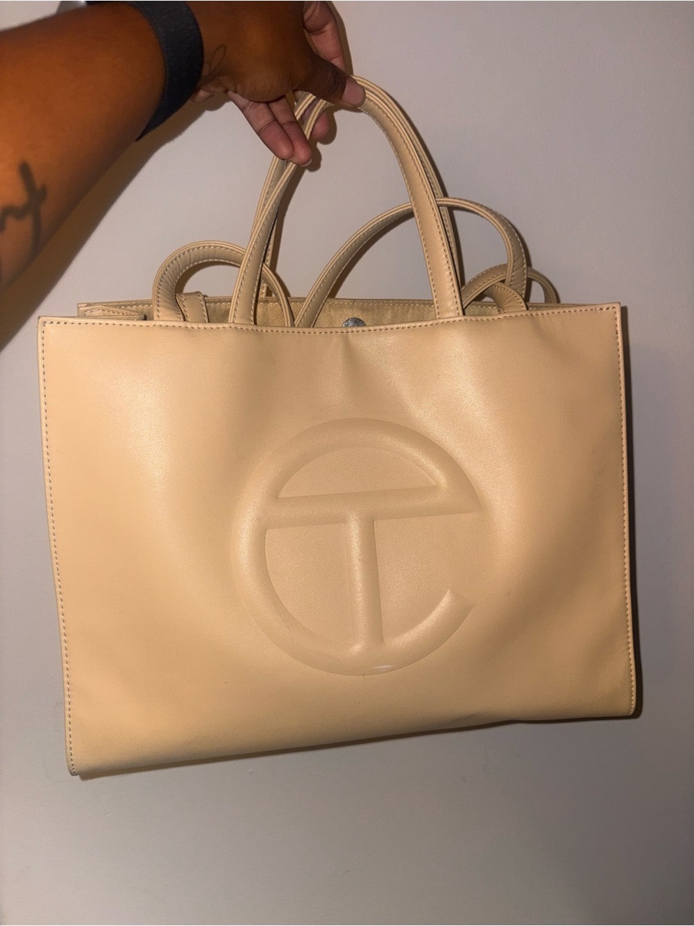 Large Telfar Leather Tote Bag- Beige